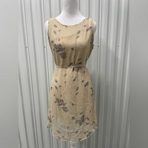 Vintage Cream Gray Floral Silk Chiffon Belted Mini Dress Feminine Fairycore 90s